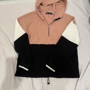 zara pink, white, and black color block hoodie with drawstring on bottom